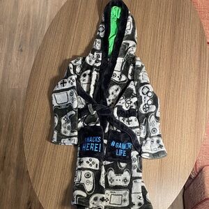 Kids Gamer Life Hooded Robe - Black & Gray with Green Lining